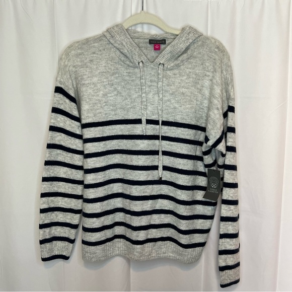 Vince Camuto Gray & Navy Striped Knitted Pullover Hooded Sweater Size Small NWT - Picture 1 of 7